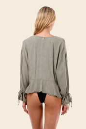 Serenity Green Linen Luster Ruffle Shirt