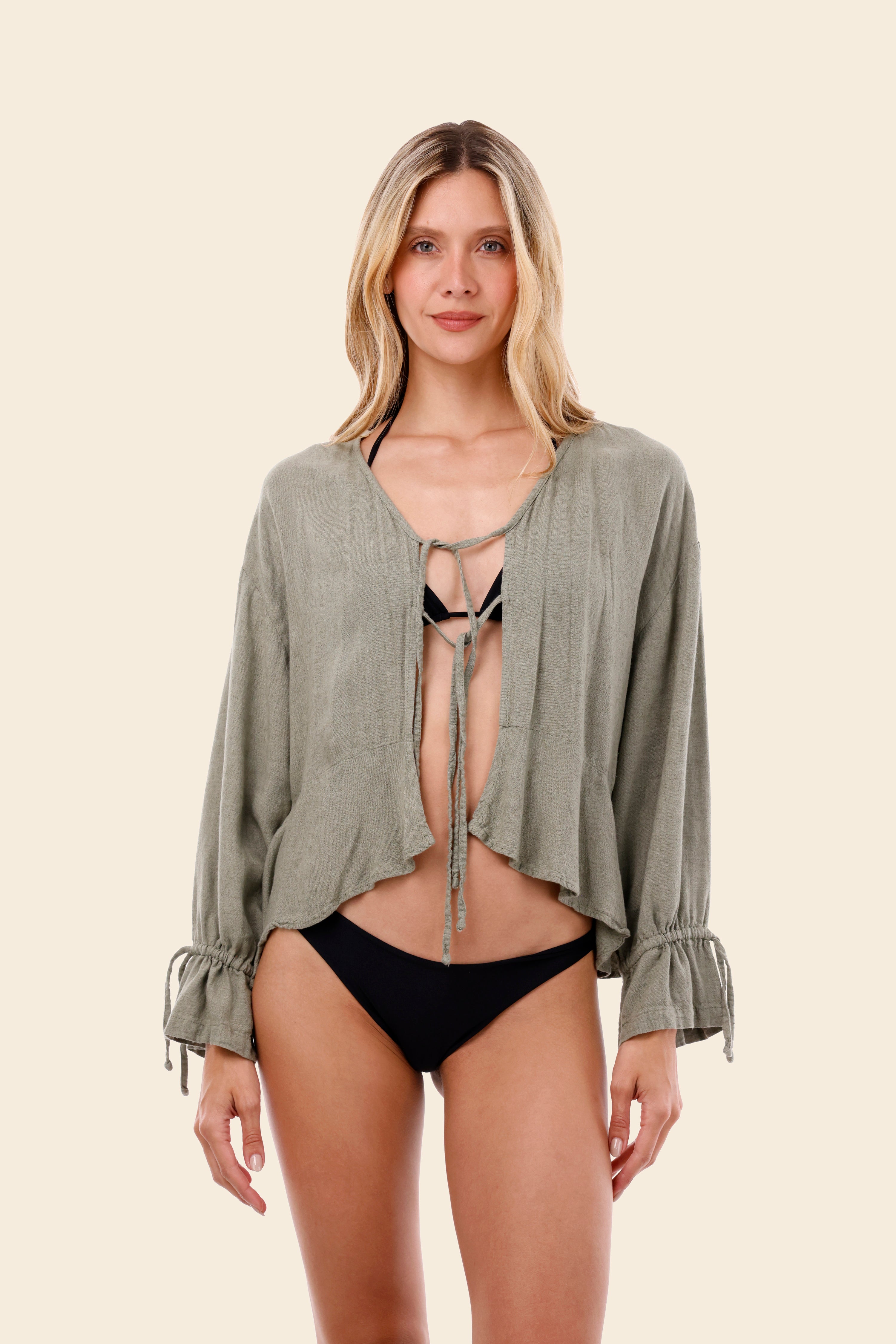Serenity Green Linen Luster Ruffle Shirt