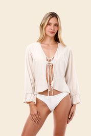 Ivory Linen Seed Luster Ruffle Shirt